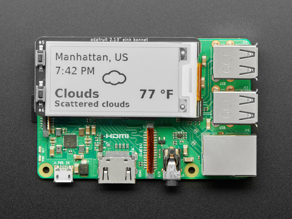 Adafruit 2.13" Monochrome E-Ink Bonnet for Raspberry Pi