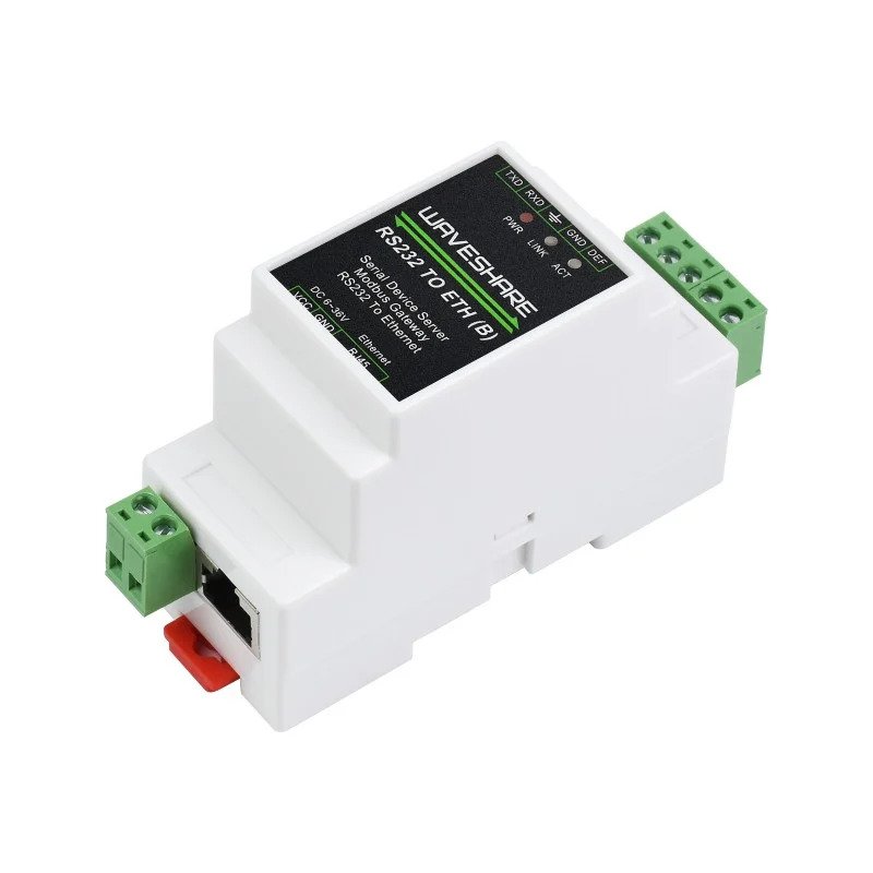 Waveshare Industrial serial server, RS232 to RJ45 Ethernet, TCP/IP to serial, rail-mount support, with POE function