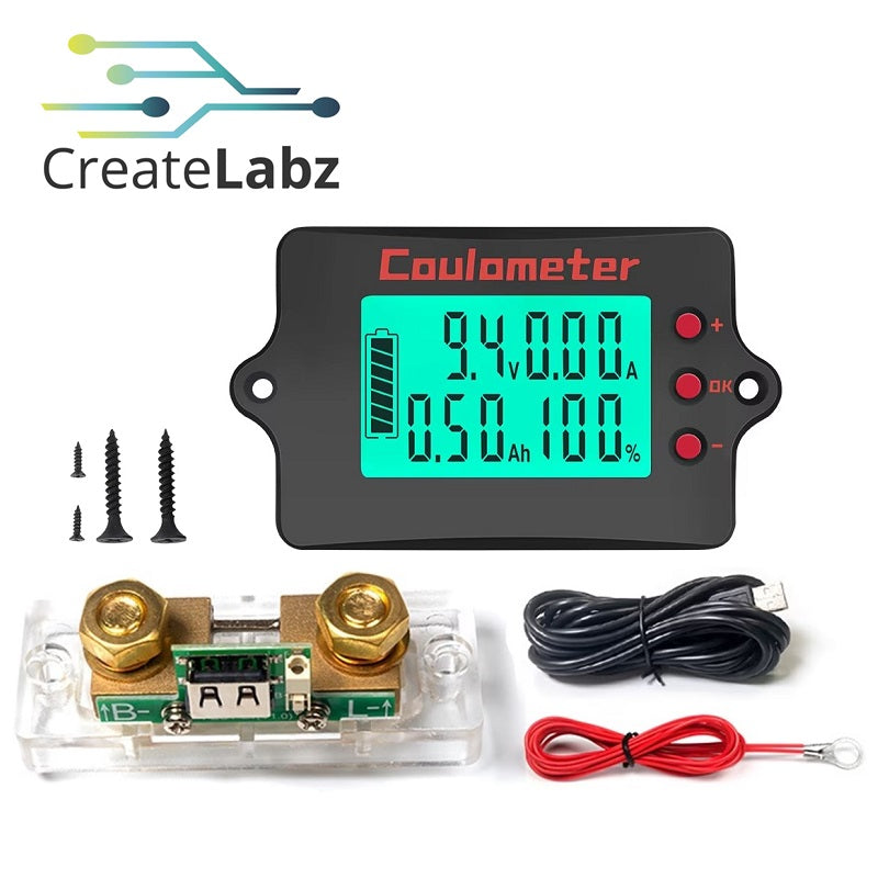 Peacefair PZEM-037 Battery Coulomb Meter, Pure Copper with 100A shunt, 0.5m USB & OT8 cable