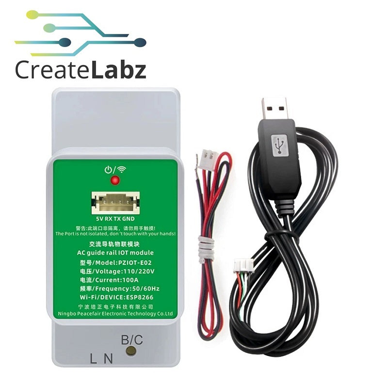 Peacefair PZIOT-E02 AC DIN Rail IOT Module, 70-260V / 0-100A / 0-22kW / 0-1PF, with UART-USB Cable