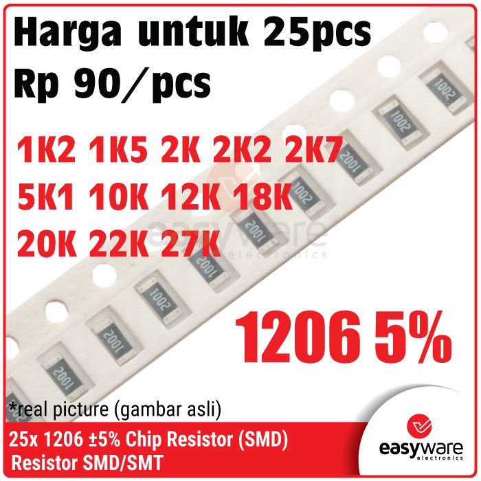 [25 PCS] Resistor 1206 5% 1K2 1K5 2K 2K2 2K7 5K1 10K 12K 18K 20K 22K 27K Chip Resistor SMD 1206 5% 1.5K Ohm 27 Ohm