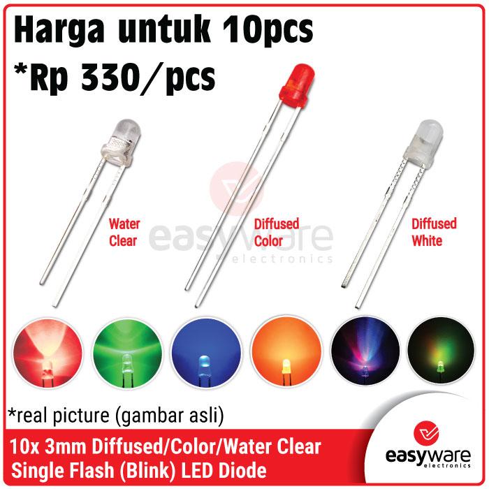 [10 PCS] LED 3mm Single Flash LED Blink Water Clear Diffused Red Green Blue Yellow White RGB Fast Slow LED Kedip Merah Hijau Biru Kuning Putih Round Head LED Flashing 3 mm F3 2V 3V Color Flickering Blinking Indicator