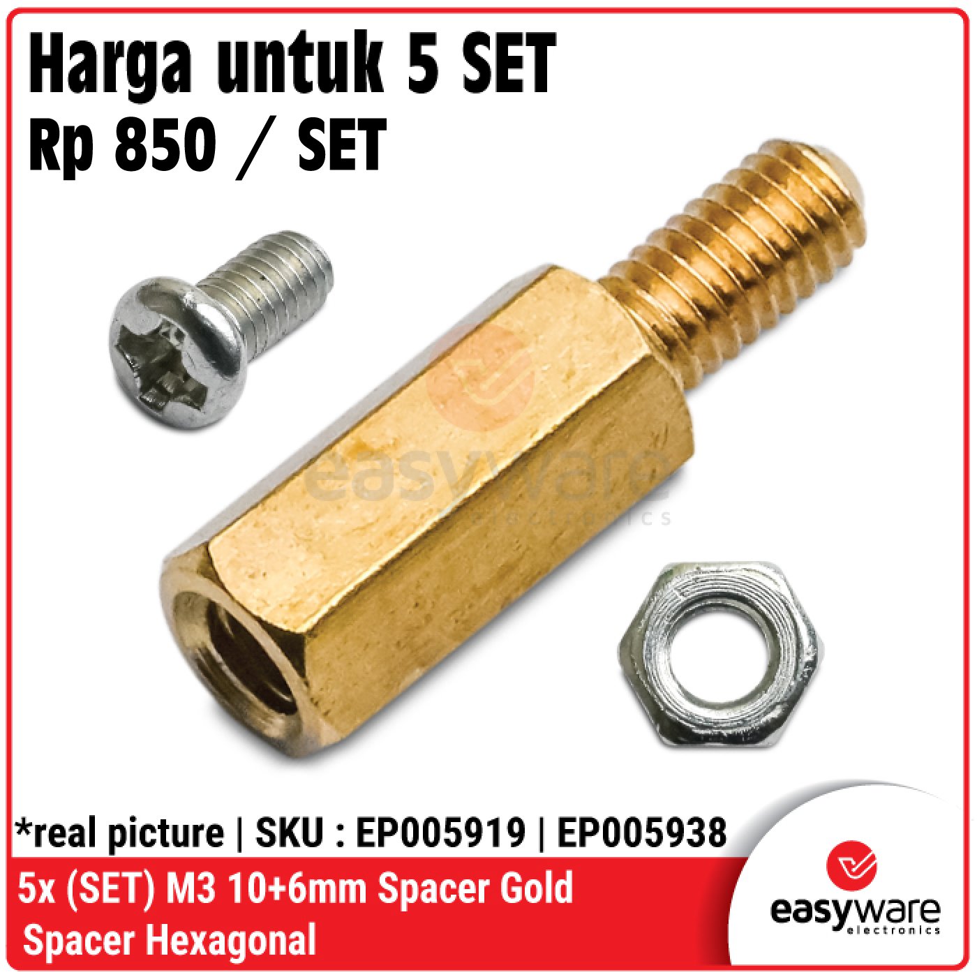 [5 Set] Spacer M3 10+6mm Gold Hex Kuningan + Mur &amp; Baut – Standoff PCB