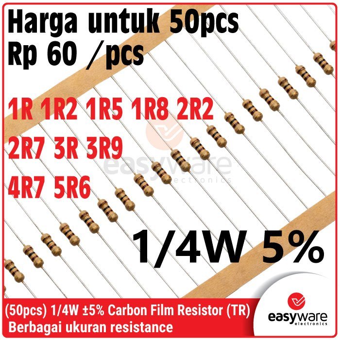 [50 PCS] Carbon Film Resistor 1/4W 5% – Resistor Komponen Elektronika Berbagai Ukuran 1R 1R2 1R5 1R8 2R2 2R7 3R 3R9 4R7 5R6