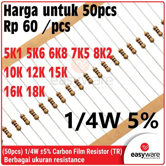 [50 PCS] Carbon Film Resistor 1/4W 5% 0.25W 5K1 5K6 6K8 7K5 8K2 10K 12K 15K 16K 18K 10K Ohm
