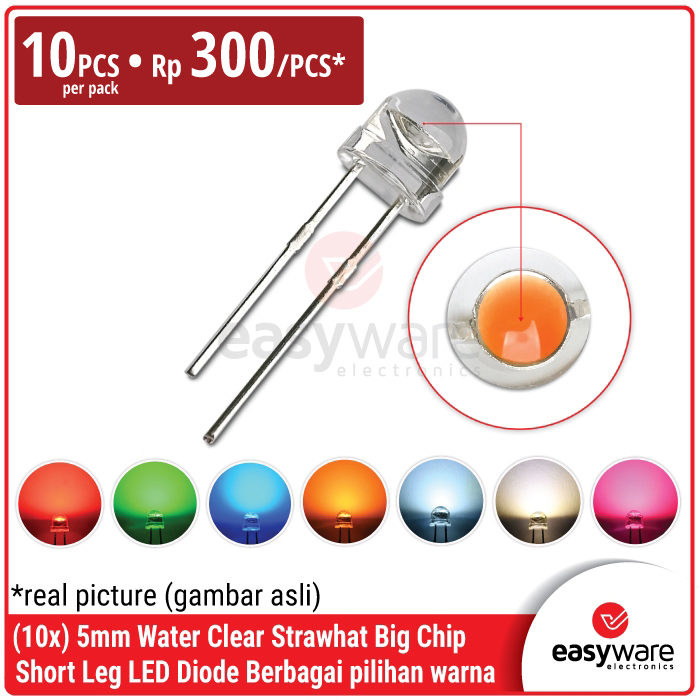 [10 PCS] LED 5mm Strawhat Mata Besar Red/Green/Blue/Yellow/White/Ice Blue/Warm White/Orange/Pink/Yellow Green/UV Clear Lens LED Topi 5 mm 4.8mm Straw hat Merah/Hijau/Biru/Kuning/Putih LED F5