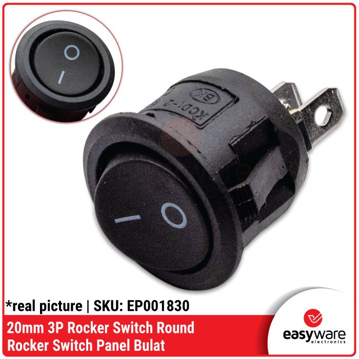 Rocker Switch Round 3 Pin 20mm – Saklar Bulat Panel On-Off 3P Hitam