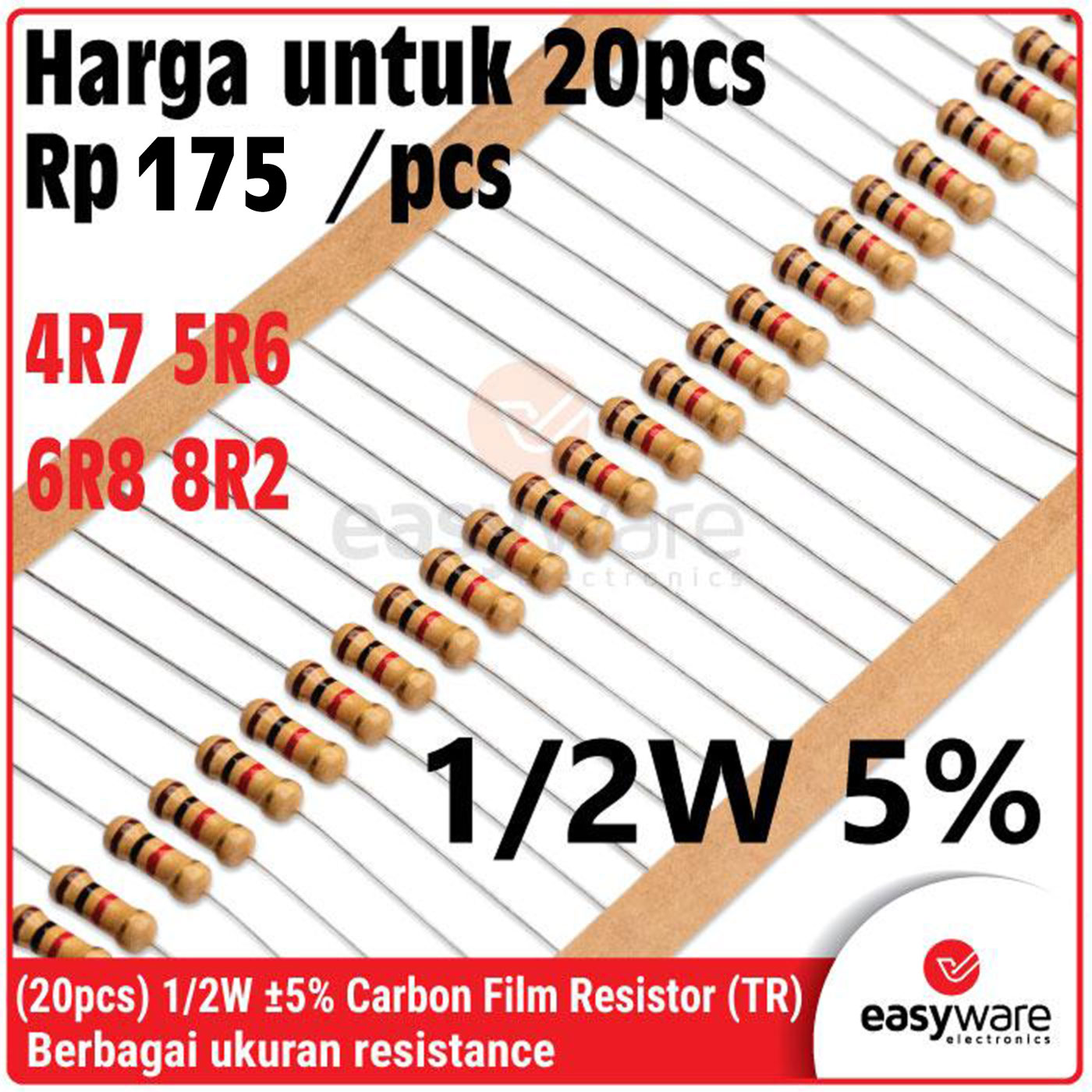 [20 PCS] Carbon Film Resistor 1/2W 5% 4R7 5R6 6R8 8R2