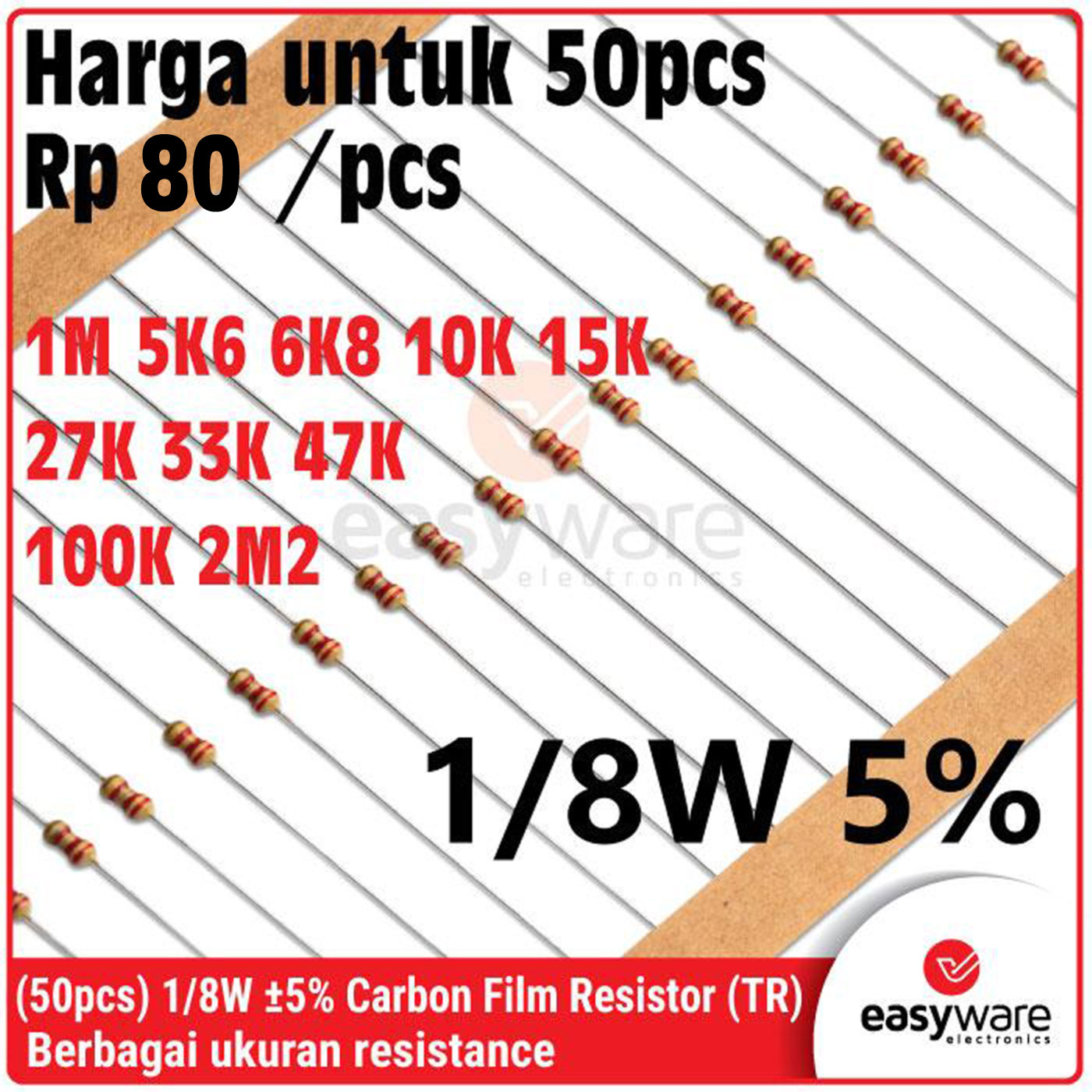 [50 PCS] Carbon Film Resistor 1/8W 5% 5K6 6K8 10K 15K 27K 33K 47K 100K 1M 2M2
