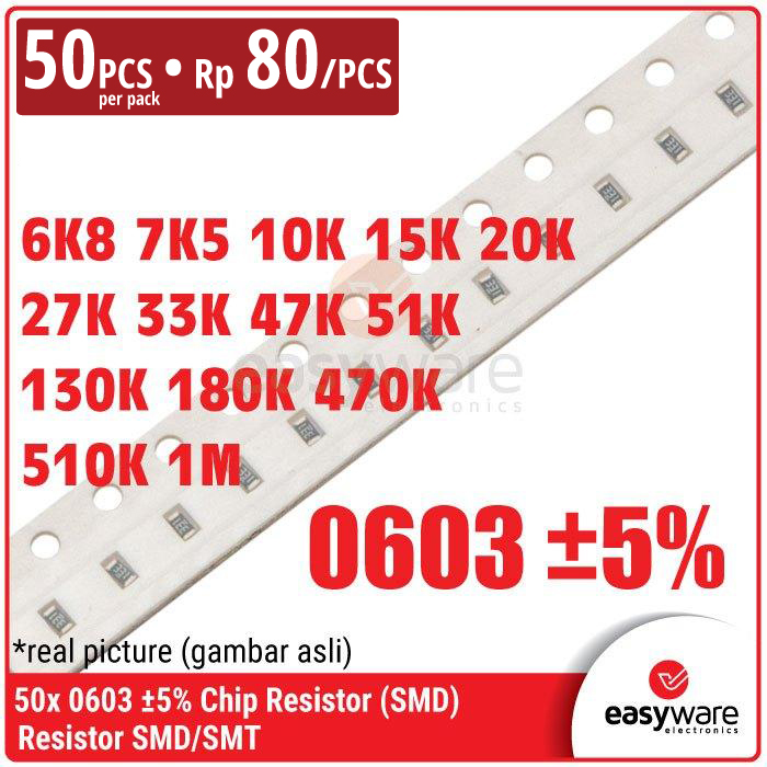 [50 PCS] Resistor 0603 6K8 7K5 10K 15K 20K 27K 33K 47K 51K 130K 180K 470K 510K 1M Chip Resistor SMD 0603 5% 27 Ohm 33K Ohm
