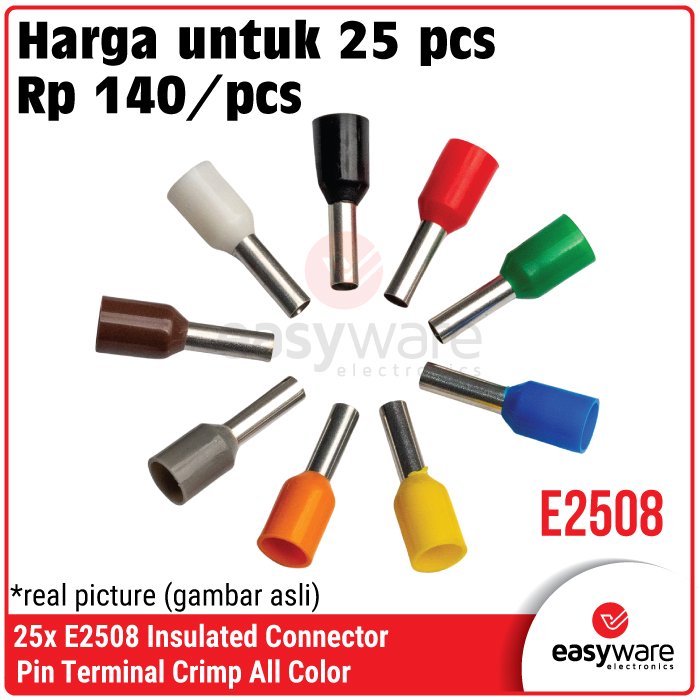 [25 PCS] Crimp Terminal E2508 VE2508 Skun Insulated Ferrules Terminal Block Kabel Tusuk Skun Kabel Ferrules 2.5mm E2508