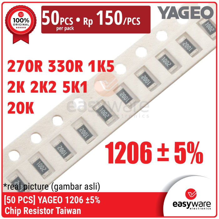 [50 PCS] YAGEO Resistor Taiwan YAGEO 1206 SMD SMT 5% 270R 330R 1K5 2K 2K2 5K1 20K 270 Ohm 1.5K Ohm Chip Resistor