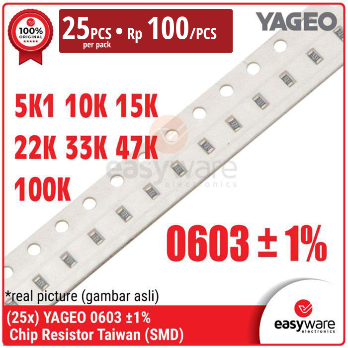 [25 PCS] YAGEO Resistor Taiwan YAGEO 0603 SMD SMT 1% 5K1 10K 15K 22K 33K 47K 100K 100K Ohm 5.1K Ohm Chip Resistor