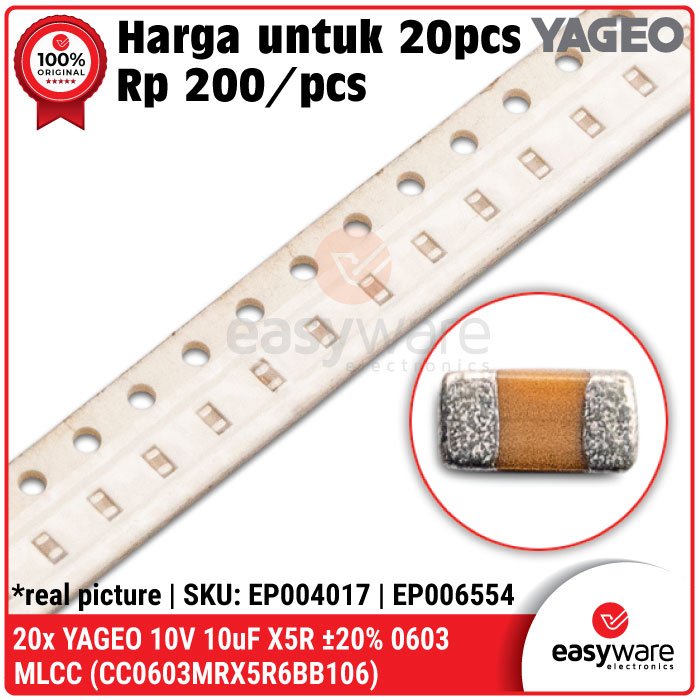[20 PCS] Capacitor SMD YAGEO 10uF ±20% 10V X5R 0603 MLCC CC0603MRX5R6BB106 Multilayer Ceramic Capacitor