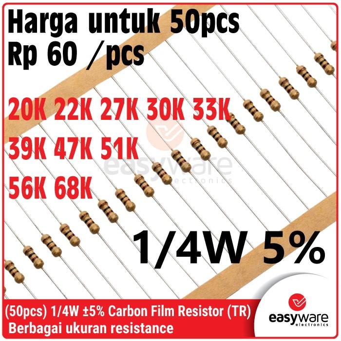 [50 PCS] Carbon Film Resistor 1/4W 5% 0.25W 20K 22K 27K 30K 33K 39K 47K 51K 56K 68K Ohm