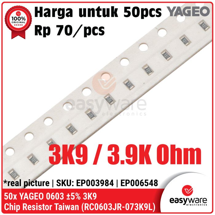 [50 PCS] Resistor SMD 0603 YAGEO 5% 3K9 Chip Resistor 3.9K Ohm Resistor SMD