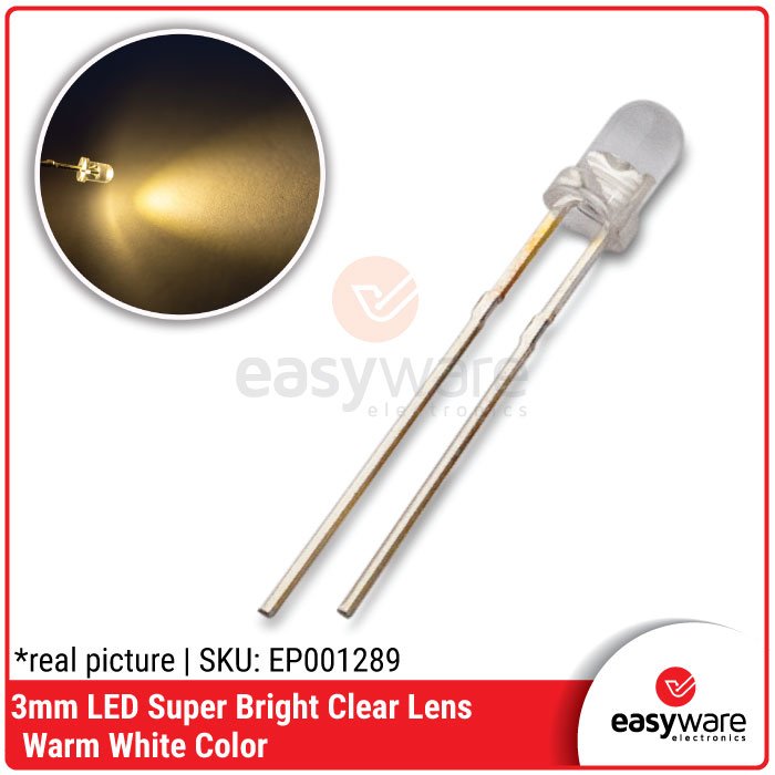 [10 PCS] LED 3mm Water Clear / Warm White – High Brightness Short Legs