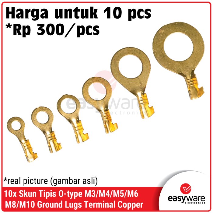 [10 PCS] Skun Tembaga O-Type Tipis – Ring Terminal Copper Ground Lugs M3 M4 M5 M6 M8 M10