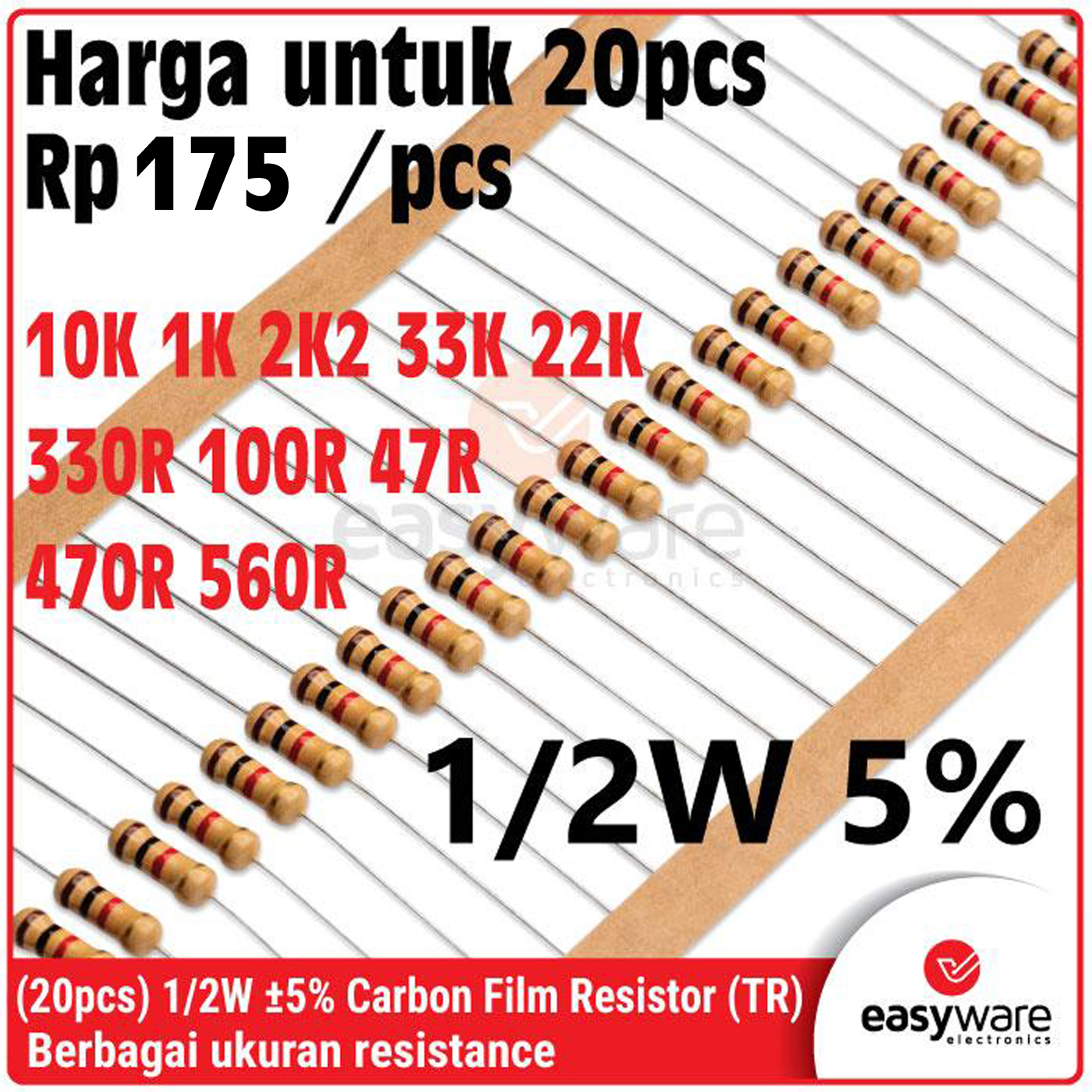 [20 PCS] Carbon Film Resistor 1/2W 5% 470R 10K 1K 330R 100R 2K2 33K 47R 560R 22K