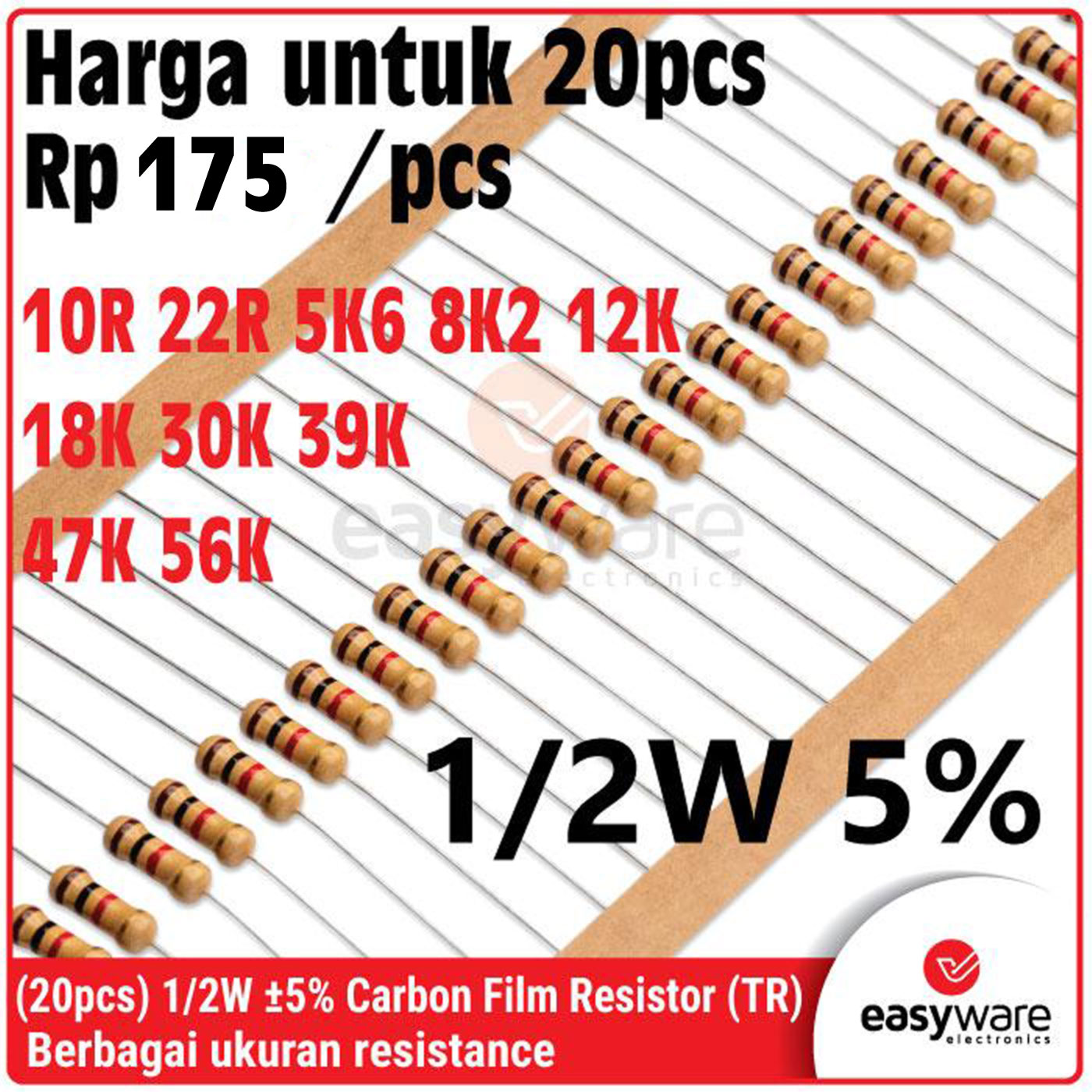 [20 PCS] Carbon Film Resistor 1/2W 5% 1R 1R2 1R5 1R8 2R2 2R7 3R3 3R9 4R7 5R6