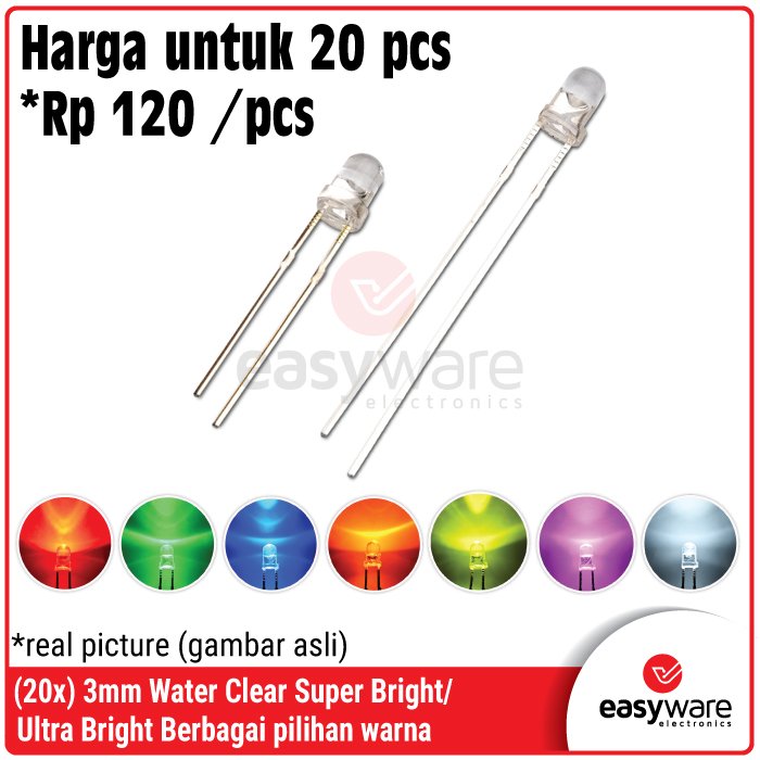 [20 PCS] LED 3mm Super Bright Ultra Bright Color Red/Green/Blue/Yellow/White/Orange/Pink/UV/Yellow Green/Warm White Color Lens LED Water Clear 3 mm Merah/Hijau/Biru/Kuning/Putih LED F3 Bening Ultraviolet