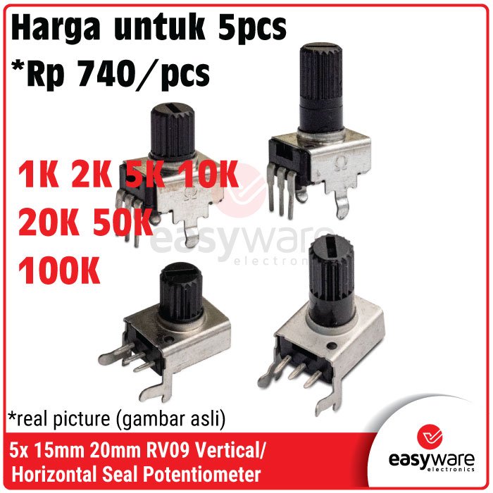[5 PCS] RV09 Potentiometer 3P Vertical Horizontal 12.5mm 15mm 20mm RV09 Potensio meter 1K 2K 5K 10K 20K 50K 100K Resistor Variabel