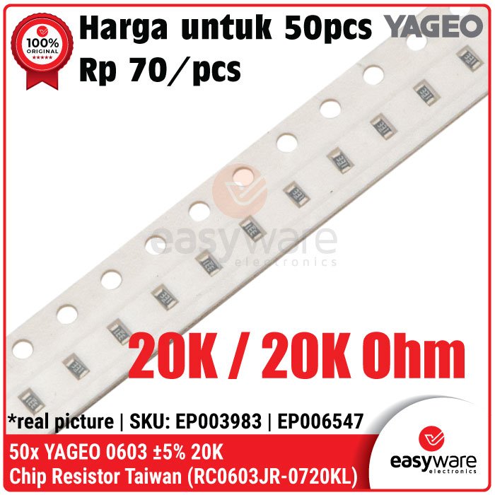 [50 PCS] Resistor SMD 0603 YAGEO 5% 20K Chip Resistor 20K Ohm Resistor SMD