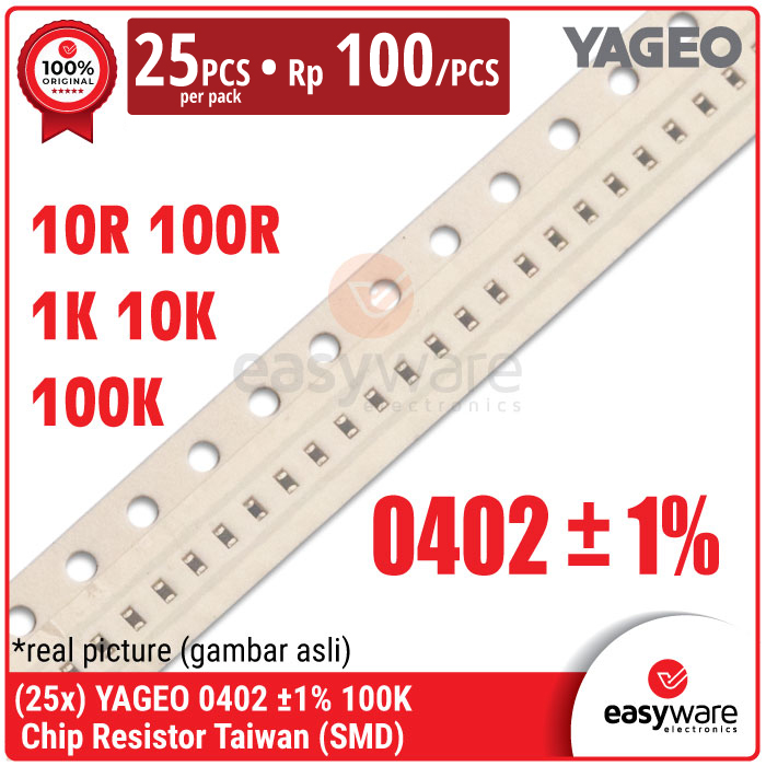[25 PCS] YAGEO Resistor Taiwan YAGEO 0402 SMD SMT 1% 10R 100R 1K 10K 100K 100K Ohm 10 Ohm Chip Resistor