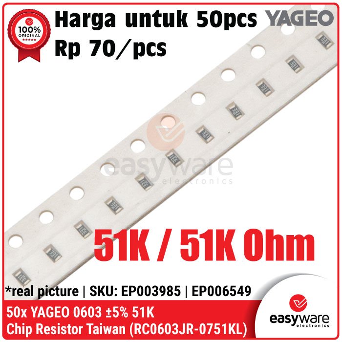[50 PCS] Resistor SMD 0603 YAGEO 5% 51K Chip Resistor 51K Ohm Resistor SMD