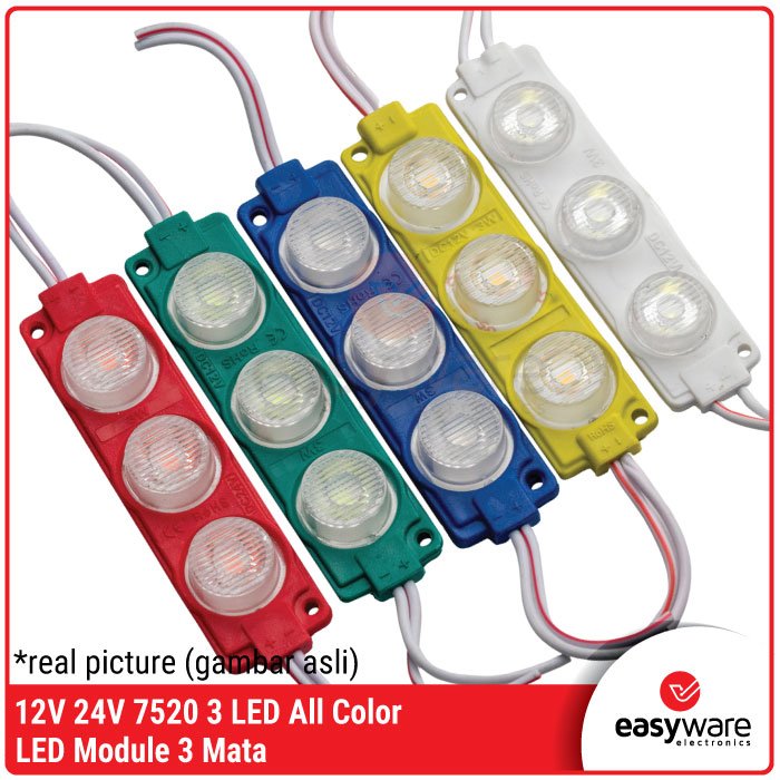 Modul LED 3 Mata 7520 – Lampu LED 12V dan 24V Warna Merah, Hijau, Biru, Kuning, Putih