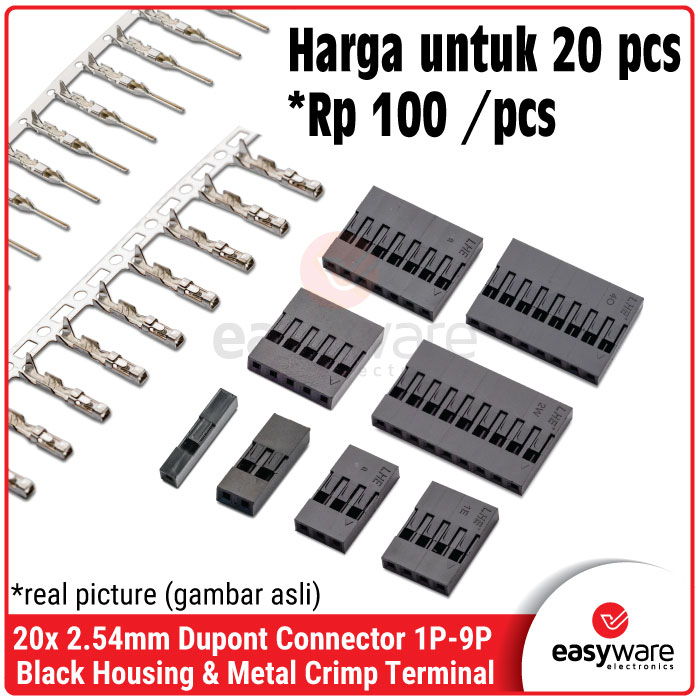 [20 PCS] 2.54mm Dupont Connector Black Housing 1P 2P 3P 4P 5P 6P 7P 8P 9P Female Male Crimp Dupont Terminal Besi Dupont Metal Black Housing