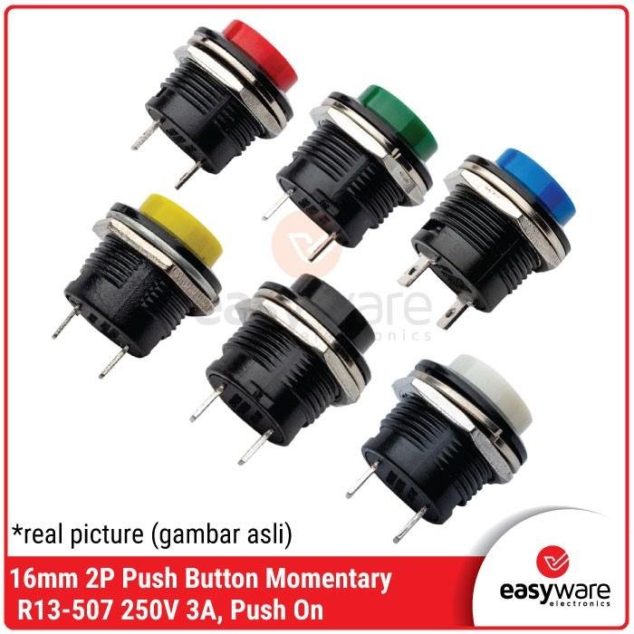 Push Button R13-507 16mm Round Saklar Tombol R13-507 2 Pin AC 250V 3A – Merah Hijau Biru Kuning Hitam Putih