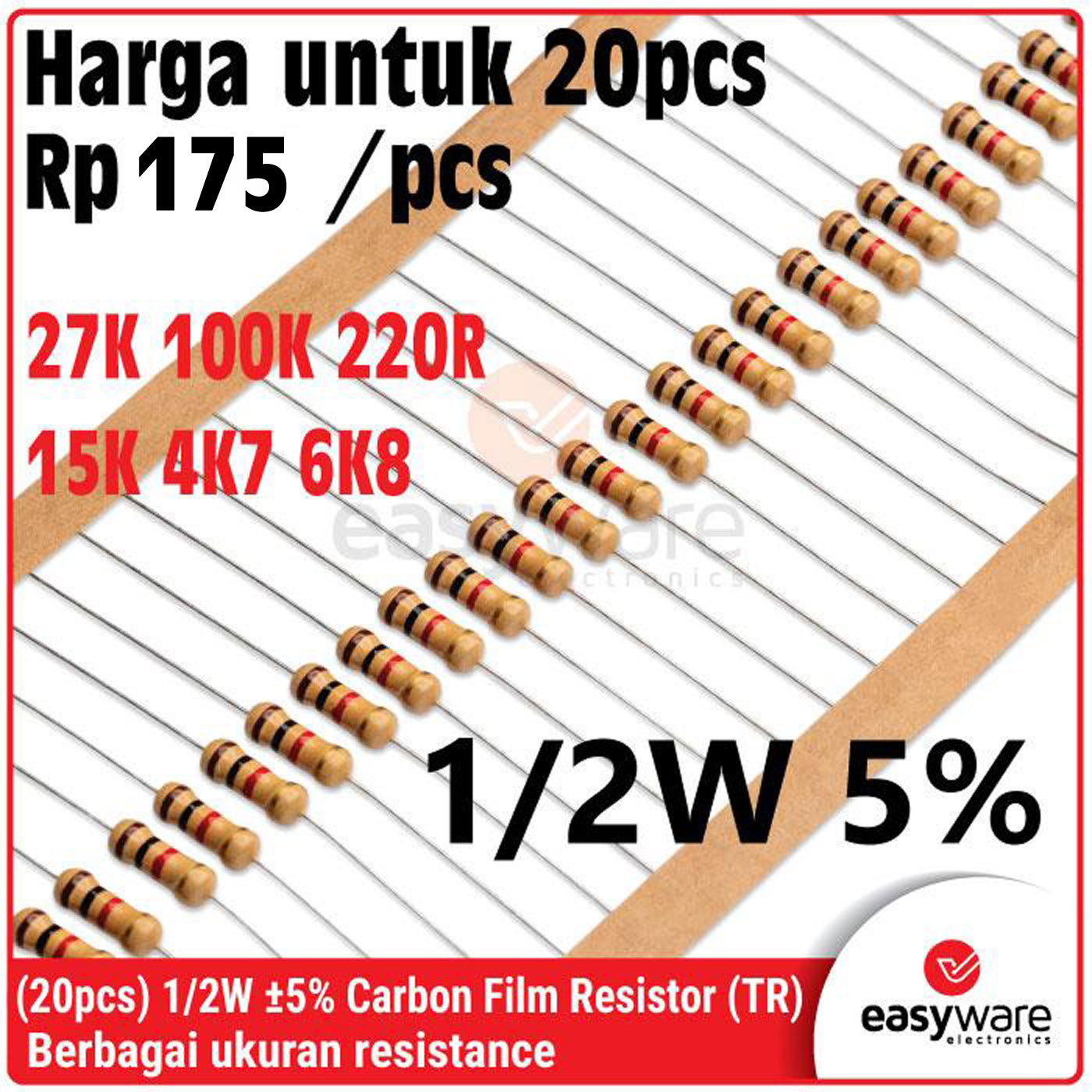 [20 PCS] Carbon Film Resistor 1/2W 5% 27K 6K8 4K7 100K 220R 15K