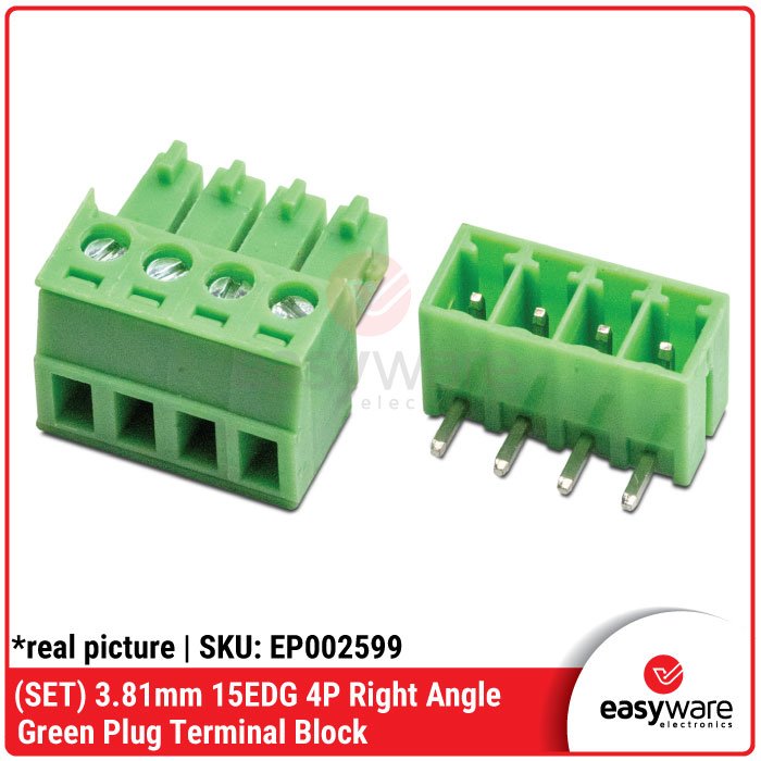 [SET] Terminal Block 3.81mm 15EDG 4 Pin Right Angle – Green Plug Male Female Siku Konektor PCB