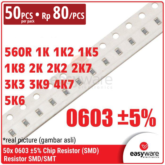 [50 PCS] Resistor 0603 560R 1K 1K2 1K5 1K8 2K 2K2 2K7 3K3 3K9 4K7 5K6 Chip Resistor SMD 0603 5%