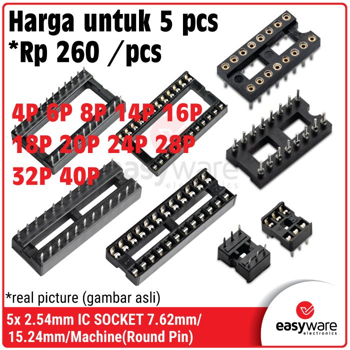 [5 PCS] IC SOCKET 6P 8P 16P 14P 18P 20P 22P 24P 28P 32P 40P DUDUKAN IC SOKET IC DIP Pitch 2.54mm IC SOCKET BULAT MACHINE PIN