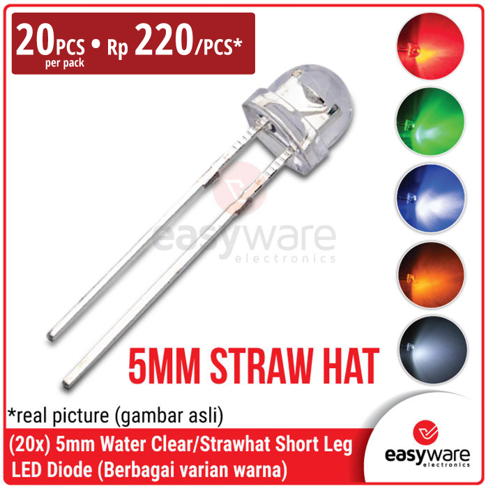 [20 PCS] LED 5mm Strawhat Red/Green/Blue/Yellow/White Clear Lens LED Topi 5 mm Straw hat Merah/Hijau/Biru/Kuning/Putih LED F5