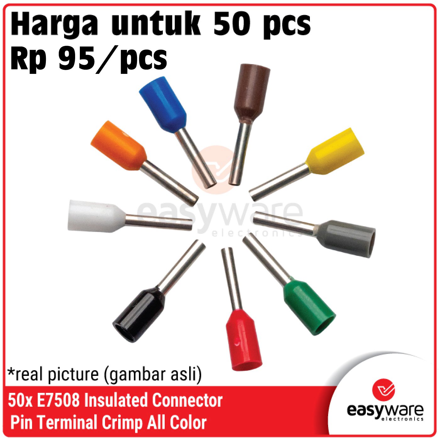 [50 PCS] E7508 Insulated Pin Connector – Terminal Crimp Kabel Serabut Warna Merah, Hijau Biru, Kuning, Hitam, Putih, Abu, Oren