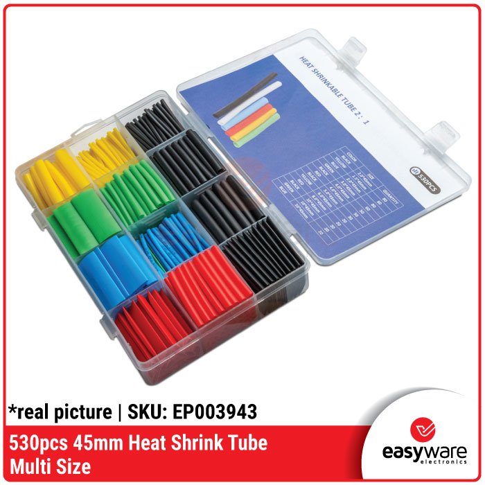 Kit Heat Shrink Tube 530pcs – Selongsong Bakar Multi Warna & Diameter, Rasio 2:1