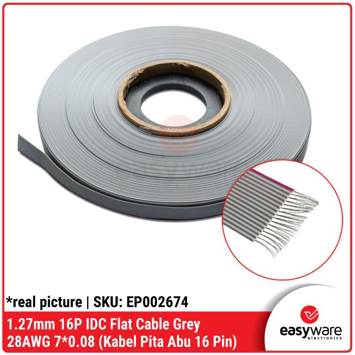 1 Meter Kabel Flat 16P Grey Kabel IDC 16 Pin Kabel Pita 16P Abu-abu Pitch 1.27mm Gray Flat Cable Kabel AWG 28