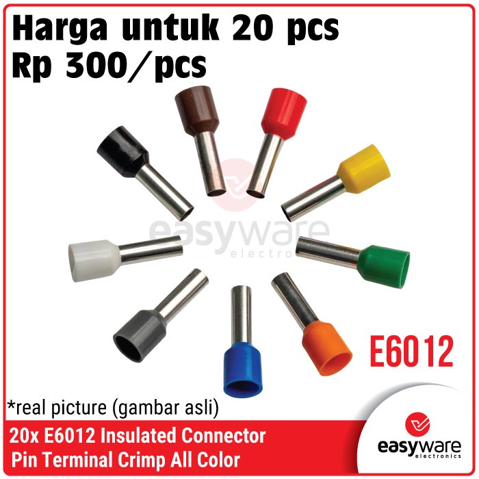 [20 PCS] Crimp Terminal E6012 VE6012 Skun Insulated Ferrules Terminal Block Kabel Tusuk Skun Kabel Ferrules 6mm E6012