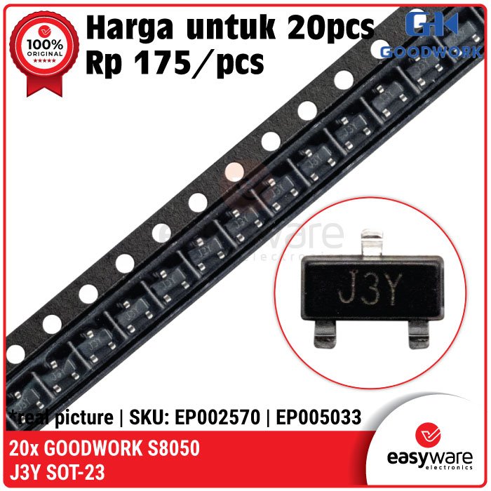 [20 PCS] Transistor S8050 NPN J3Y SOT-23 – Transistor SMD 700mA Goodwork
