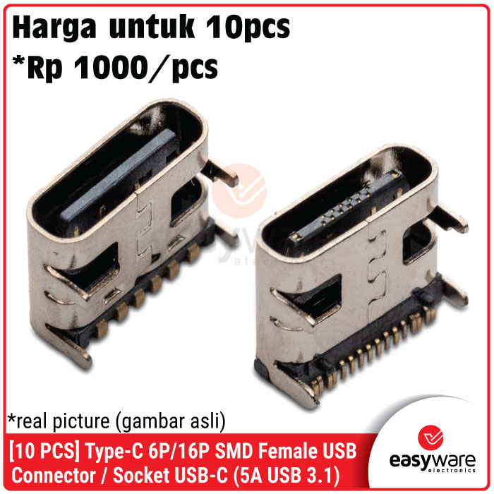 [10 PCS] Socket Type-C Female DIP SMT 6P 16P USB-C 5A USB 3.1 Connector 6 Pin 16 Pin