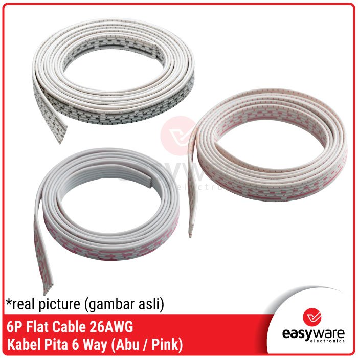 Kabel Pita 6 Pin 6P 6 Line Way AWG 26 Ribbon Flat Satu Meter Kabel Serabut 6P 6 Pin Abu / Pink