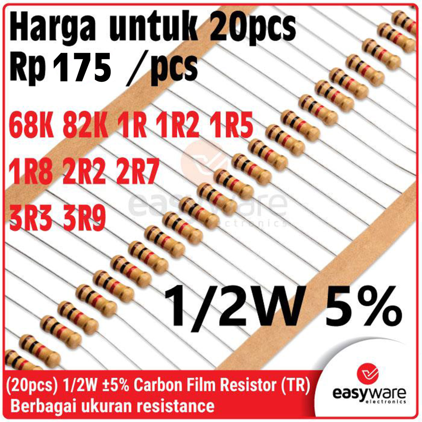 [20 PCS] Carbon Film Resistor 1/2W 5% 68K 82K 1R 1R2 1R5 1R8 2R2 2R7 3R3 3R9