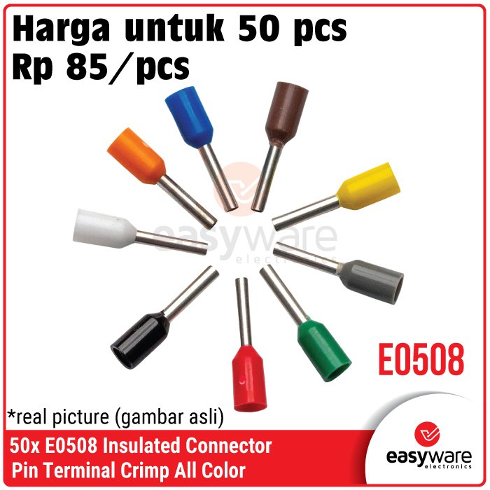 [50 PCS] Crimp Terminal E0508 VE0508 Skun Insulated Ferrules Terminal Block Kabel Tusuk Skun Kabel Ferrules 0.5mm E0508