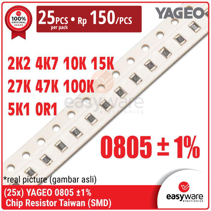 [25 PCS] YAGEO Resistor Taiwan YAGEO 0805 SMD SMT 1% 0R1 2K2 4K7 5K1 10K 15K 27K 47K 100K Ohm 4.7K Ohm Chip Resistor