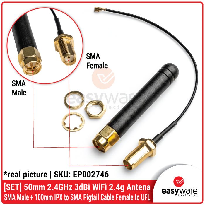 [SET] 50mm 2.4GHz 3dBi WiFi 2.4g Antenna SMA Male + 100mm IPX to SMA Pigtail Cable Female to UFL – Sinyal Super Kuat untuk ESP32/ESP8266