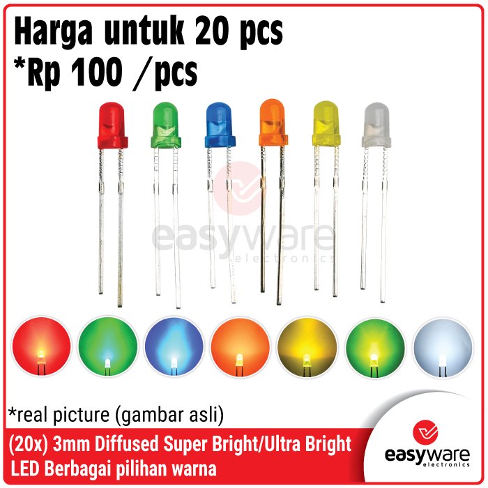 [20 PCS] LED 3mm Diffused Color Red/Green/Blue/Yellow/White/Orange/Pink/UV/Yellow Green Color Lens LED Warna Putih Susu 3 mm Merah/Hijau/Biru/Kuning/Putih LED F3 Super Bright Ultra Bright