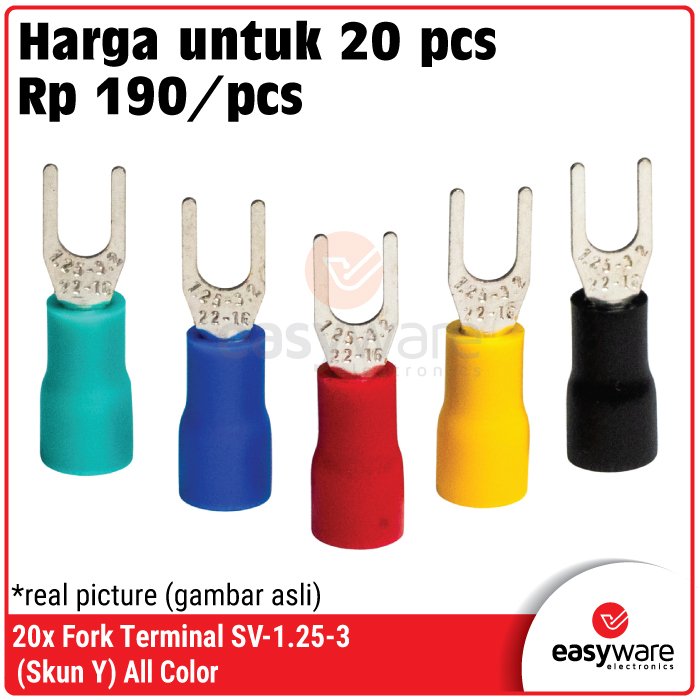 [20 PCS] Fork Terminal SV-1.25-3 (Skun Y) – Konektor Kabel M3 Warna Merah, Biru, Kuning, Hijau, Hitam